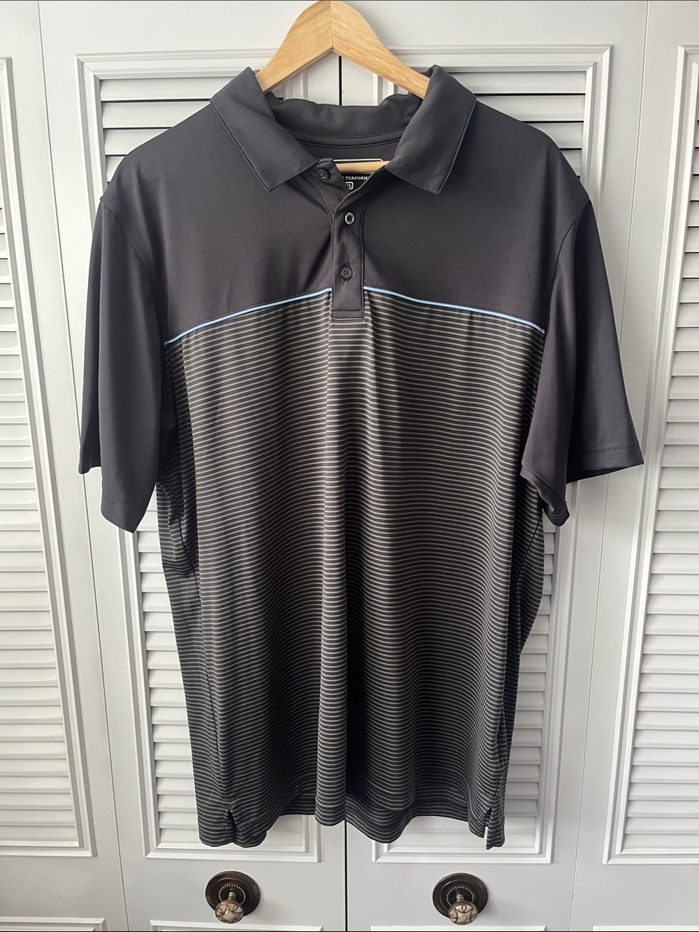 Pebble Beach Black Polo with Thin Gray Stripes and Blue Accent